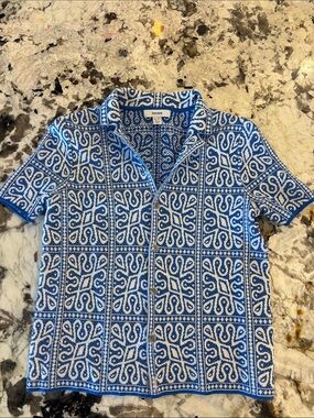 Reiss Blue & White Short-Sleeve Button-Front Shirt